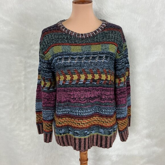 Peruvian Connection Baby Alpaca Blend Patchwork Mixed Stitch Sweater M - Picture 1 of 8